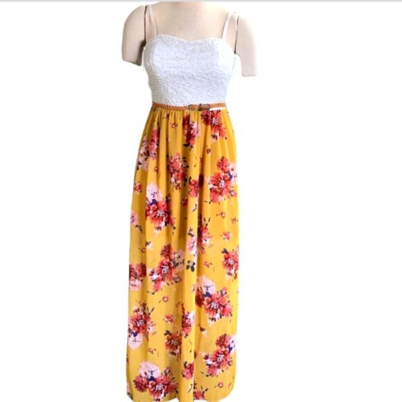 A.U.W.  Sleeveless Maxi Dress Lace Ivory Top Mustard Floral Bottom M #85H - Picture 1 of 8